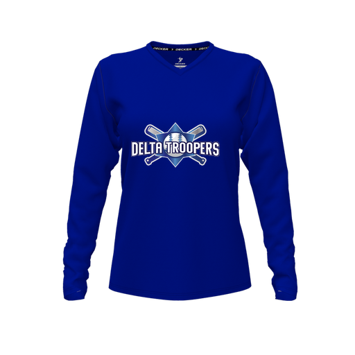 [CUS-DFW-TEES-CMF-VNK-LSL-RYL-FYXS-LOGO1] Decker Comfort T-Shirt (Female Youth XS, Royal, V Neck, Logo 1, Long Sleeve)