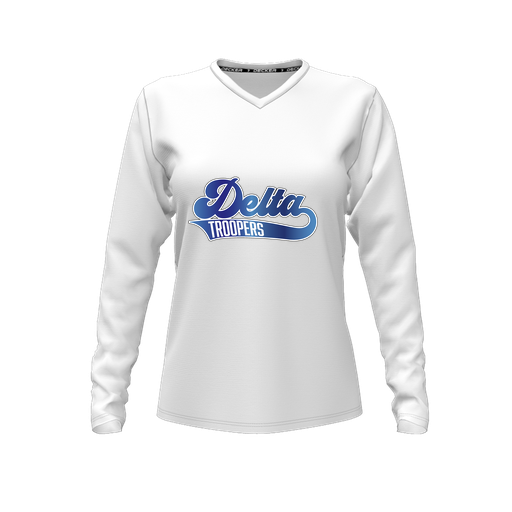 [CUS-DFW-TEES-CMF-VNK-LSL-WHT-FYXS-LOGO2] Decker Comfort T-Shirt (Female Youth XS, White, V Neck, Logo 2, Long Sleeve)