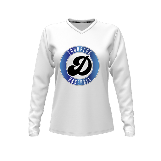 [CUS-DFW-TEES-CMF-VNK-LSL-WHT-FYXS-LOGO3] Decker Comfort T-Shirt (Female Youth XS, White, V Neck, Logo 3, Long Sleeve)