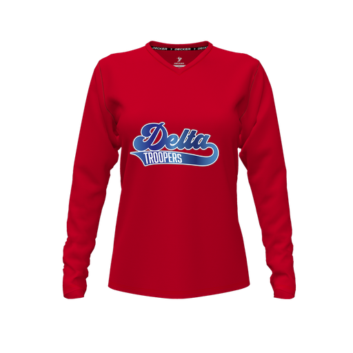 [CUS-DFW-TEES-CMF-VNK-LSL-RED-FYXS-LOGO2] Comfort T-Shirt (Female Youth XS, Red, V Neck, Logo 2, Long Sleeve)