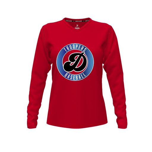 [CUS-DFW-TEES-CMF-VNK-LSL-RED-FYXS-LOGO3] Decker Comfort T-Shirt (Female Youth XS, Red, V Neck, Logo 3, Long Sleeve)