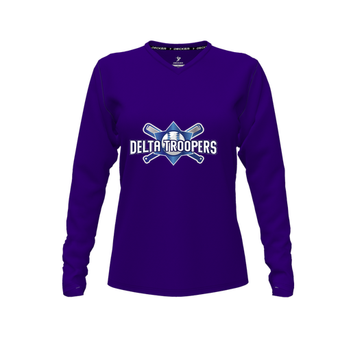 [CUS-DFW-TEES-CMF-VNK-LSL-PUR-FYXS-LOGO1] Decker Comfort T-Shirt (Female Youth XS, Purple, V Neck, Logo 1, Long Sleeve)