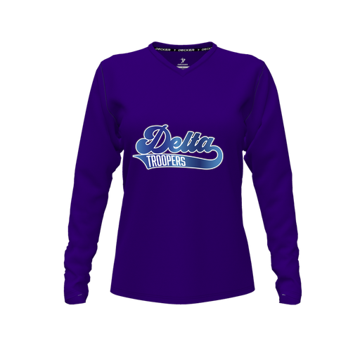 [CUS-DFW-TEES-CMF-VNK-LSL-PUR-FYXS-LOGO2] Decker Comfort T-Shirt (Female Youth XS, Purple, V Neck, Logo 2, Long Sleeve)
