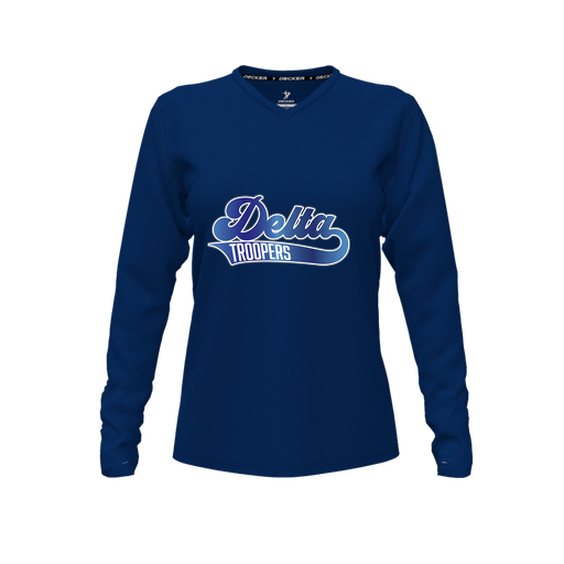 [CUS-DFW-TEES-PER-VNK-LSL-NVY-FYXS-LOGO2] Decker Performance T-Shirt (Female Youth XS, Navy, V Neck, Logo 2, Long Sleeve)