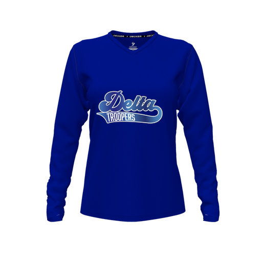 [CUS-DFW-TEES-PER-VNK-LSL-RYL-FYXS-LOGO2] Decker Performance T-Shirt (Female Youth XS, Royal, V Neck, Logo 2, Long Sleeve)