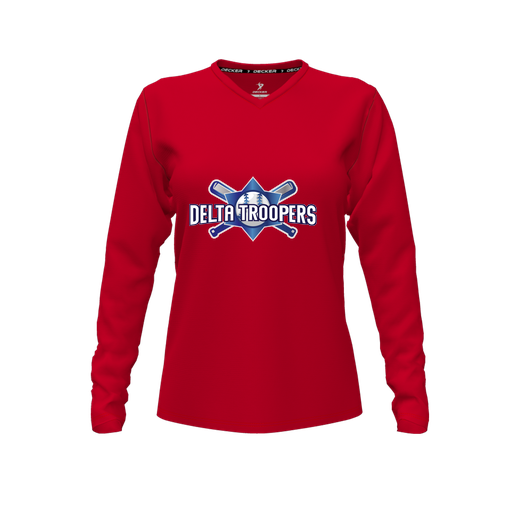 [CUS-DFW-TEES-PER-VNK-LSL-RED-FYXS-LOGO1] Decker Performance T-Shirt (Female Youth XS, Red, V Neck, Logo 1, Long Sleeve)