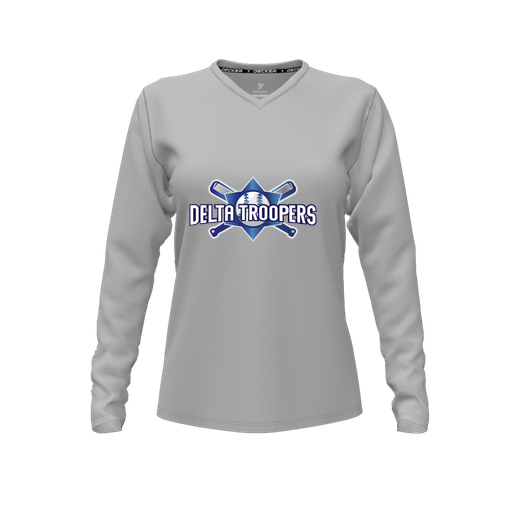 [CUS-DFW-TEES-PER-VNK-LSL-GRY-FYXS-LOGO1] Decker Performance T-Shirt (Female Youth XS, Gray, V Neck, Logo 1, Long Sleeve)